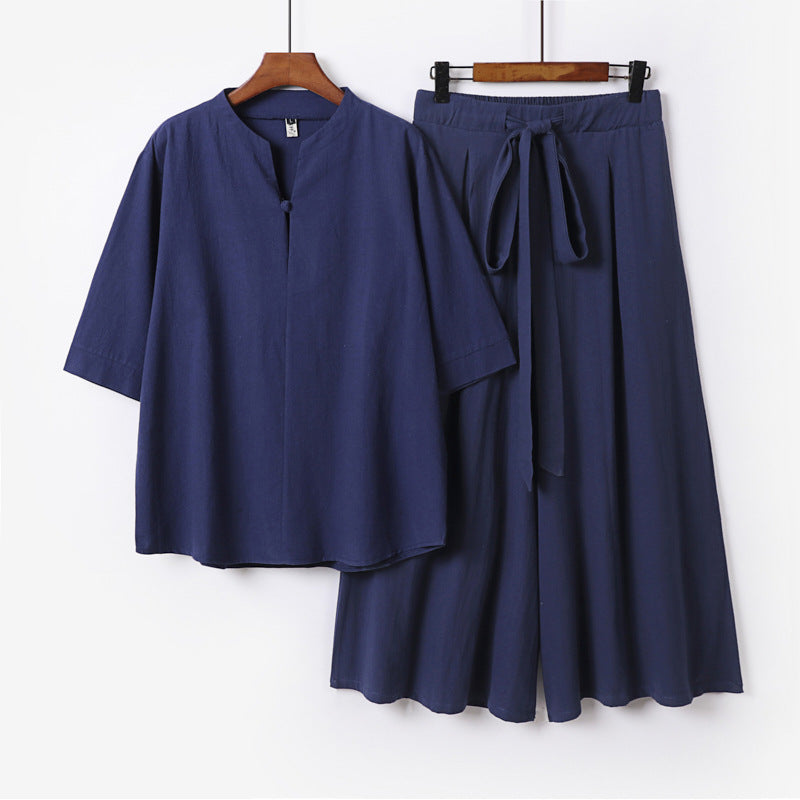 Damen Lässiges Leinen-Viskose Lounge-Set mit Stehkragen-Oberteil und weiten Palazzo-Hose Drune