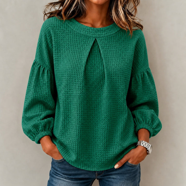 Damen Lockeres Waffelstrick-Sweatshirt mit Vorderfalte und Ballonärmeln Drune