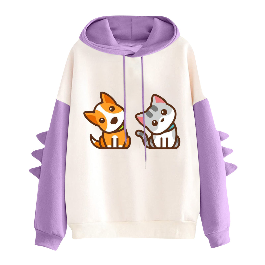 Damen nan Kapuzenpullover mit niedlichem Hunde‑und‑Katzen‑Print und 3D-Stacheln an den Ärmeln Drune