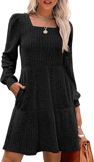 Damen Gestricktes A‑Linien‑Minikleid mit quadratischem Ausschnitt, Stufenrock und Eingrifftaschen Drune