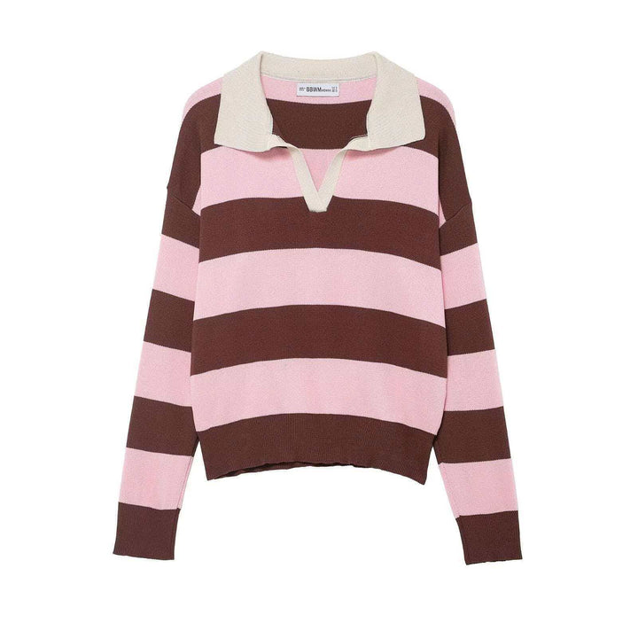 Damen nan gestreifter Rugby-Strickpullover mit Polokragen und weiter Oversize-Passform Drune