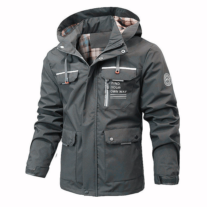 Herren Funktionsjacke mit Kapuze, Utility-Taschen und kariertem Futter Drune