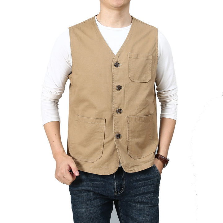 Unisex Canvas-Utility-Weste mit gestreiftem Innenfutter, aufgesetzten Taschen und Knopfverschluss Drune