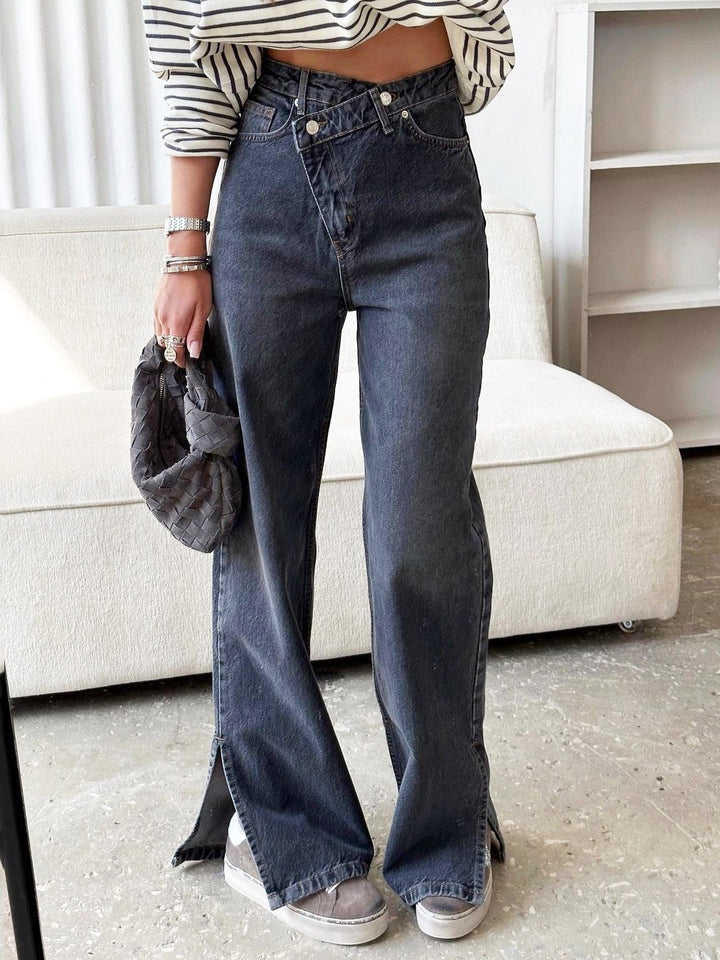 Damen High-Waist Jeans mit weitem Schnitt und seitlichen Schlitzen Drune