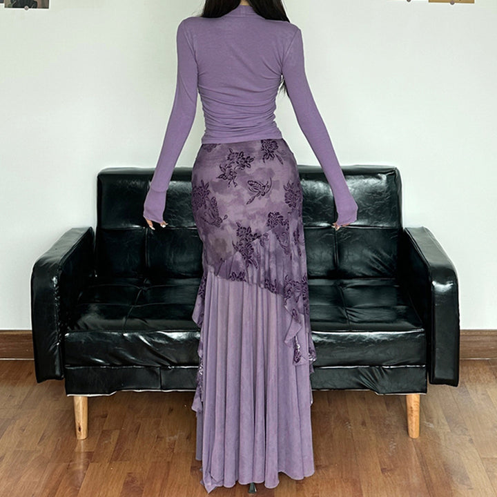 Damen eleganter asymmetrischer Maxirock mit floralen Verzierungen Drune