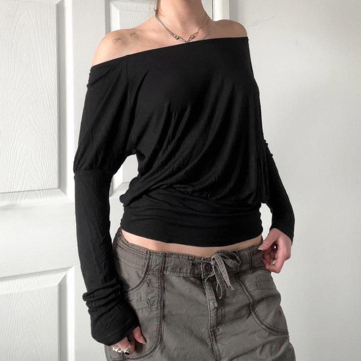 Damen nan schulterfreies Langarmshirt mit tailliertem Komfortbund, gerafften Schultern und figurbetonter Passform Drune