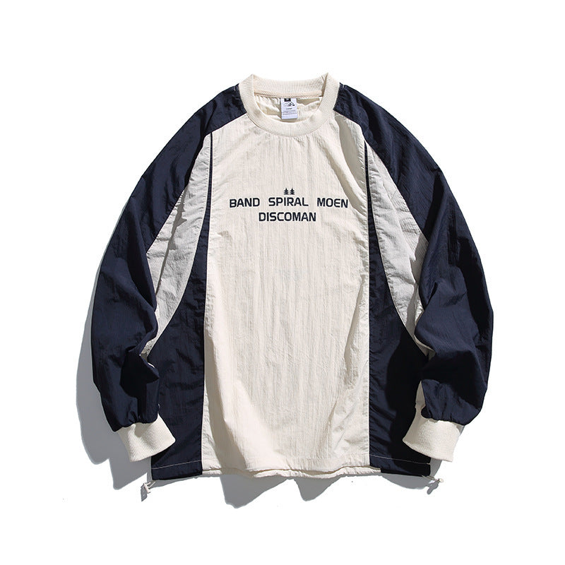 Unisex Weitgeschnittenes Retro-Sportliches Langarmshirt mit Kontrastpaneelen und Kordelzugsaum Drune