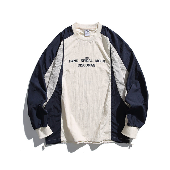 Unisex Weitgeschnittenes Retro-Sportliches Langarmshirt mit Kontrastpaneelen und Kordelzugsaum Drune