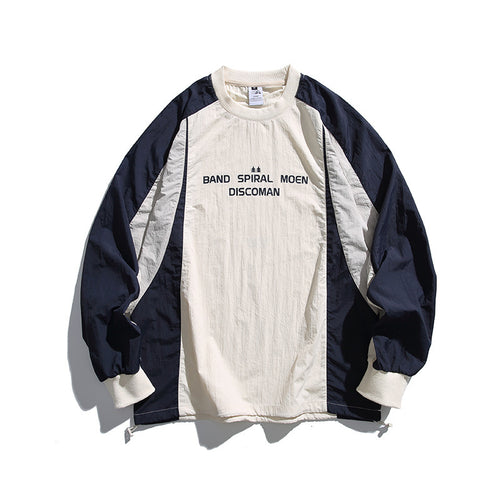 Unisex Weitgeschnittenes Retro-Sportliches Langarmshirt mit Kontrastpaneelen und Kordelzugsaum Drune