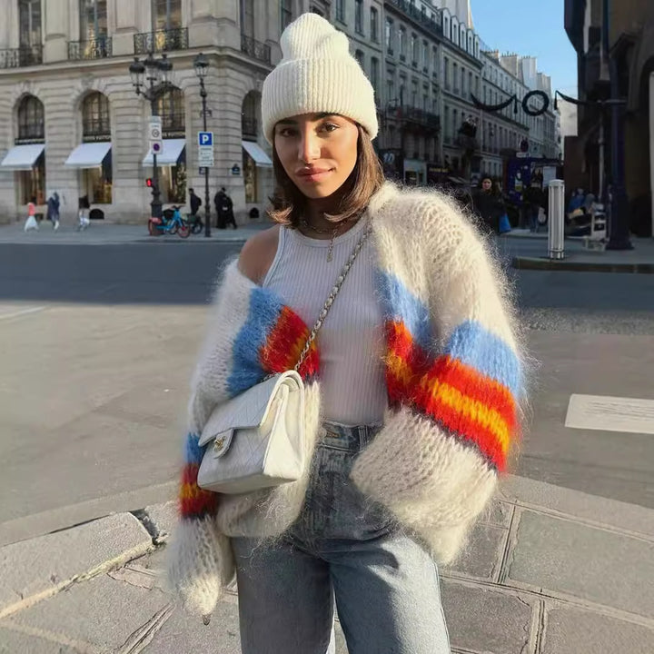Damen lässiger Strickcardigan mit bunten Streifen und weitem Schnitt Drune