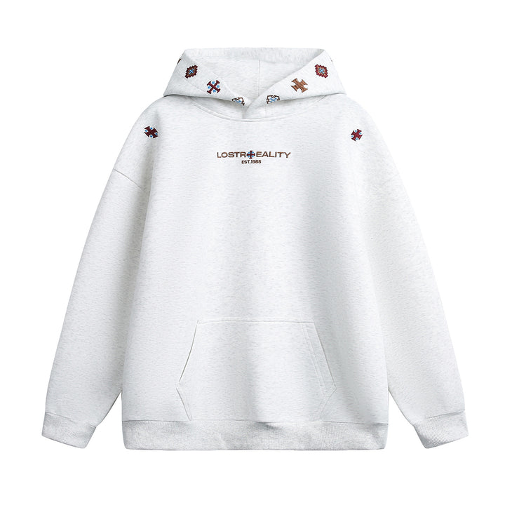 Unisex Oversize Kapuzenpullover mit feiner Logo- und Motivstickerei sowie Kängurutasche Drune