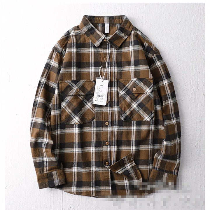 Herren Oversize Kariertes Flanell-Hemdjacke mit aufgesetzten Pattentaschen Drune