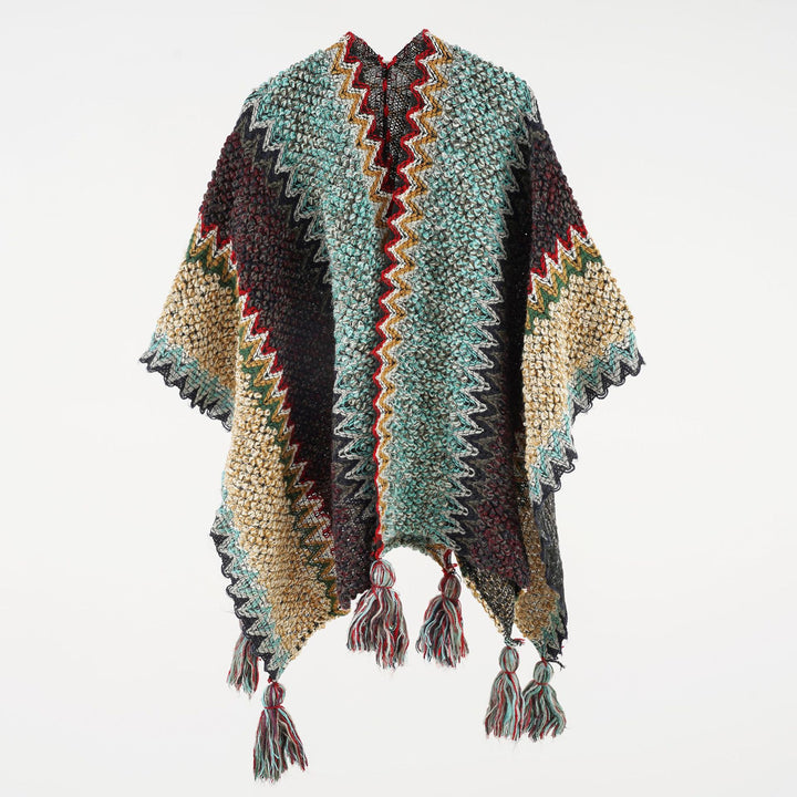 Damen strukturierter Bouclé-Strickponcho mit Jacquardmuster und Quasten Drune