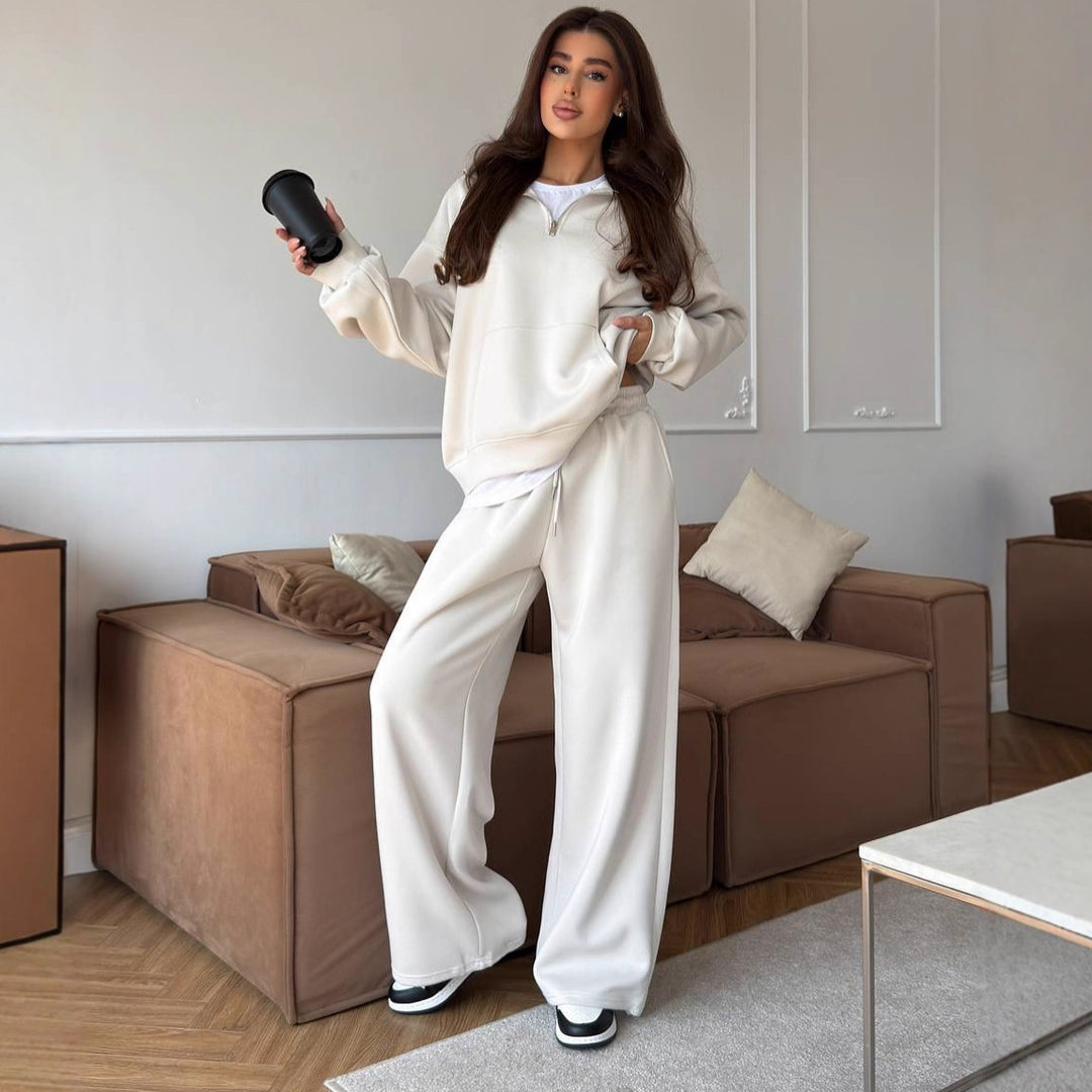 Damen nan weites Halfzip-Lounge-Set mit Kapuzenpullover, Kängurutasche und fließender Wide-Leg-Hose Drune