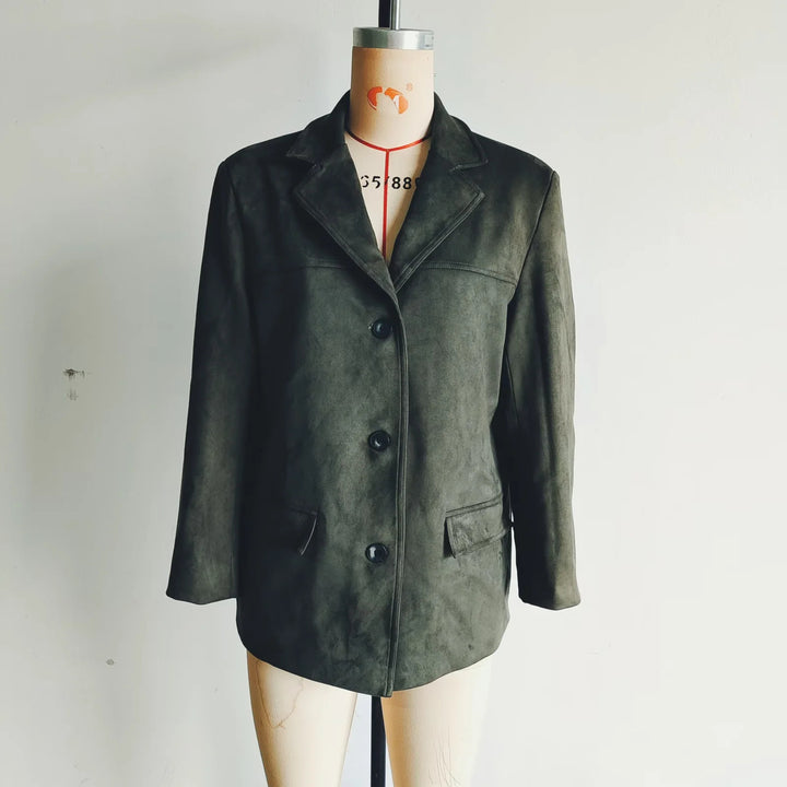 Damen nan kurzer Veloursleder Mantelblazer mit Reverskragen und aufgesetzten Pattentaschen Drune