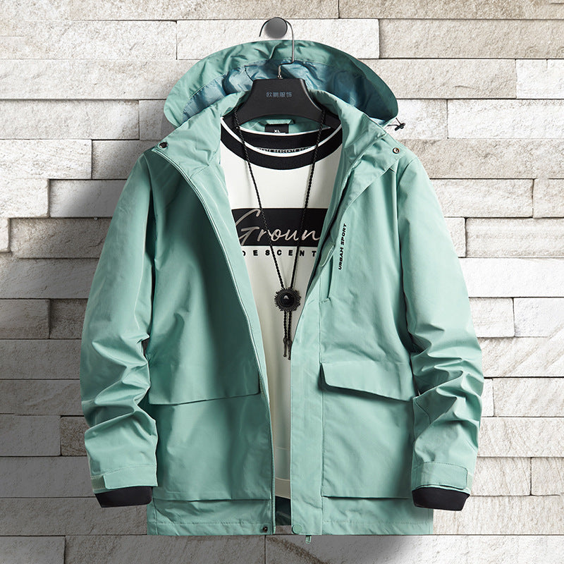 Herren wasserdichte Stadt-Outdoorjacke mit Kapuze, verdecktem Reißverschluss und Cargo-Taschen Drune