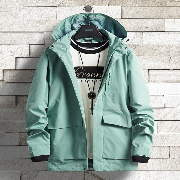 Herren wasserdichte Stadt-Outdoorjacke mit Kapuze, verdecktem Reißverschluss und Cargo-Taschen Drune
