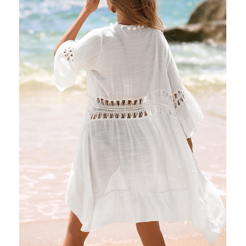 Damen Strandkleid mit offener Front und dekorativen Häkelelementen Drune
