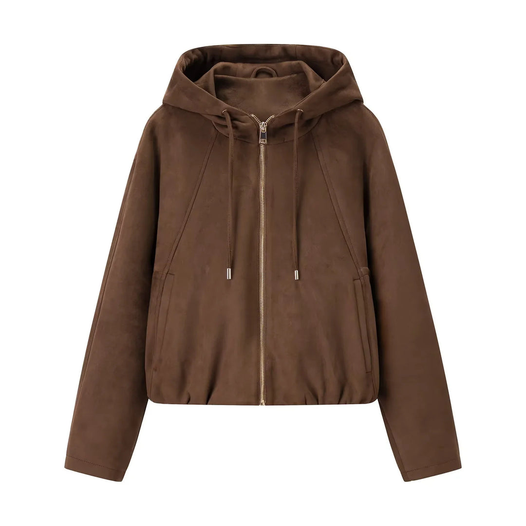 Damen nan kastige Veloursimitat-Kapuzenjacke mit verdecktem Reißverschluss und elastischem Saum Drune