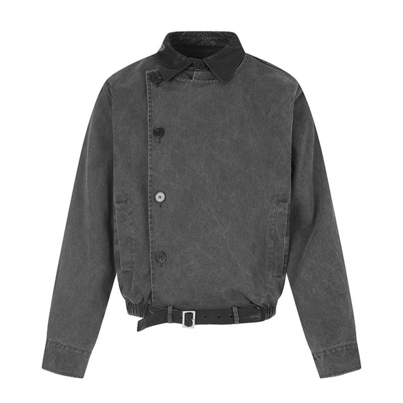 Herren Asymmetrische Canvas-Bomberjacke mit Lederriemen und Stehkragen Drune