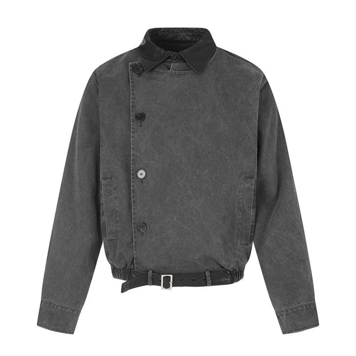 Herren Asymmetrische Canvas-Bomberjacke mit Lederriemen und Stehkragen Drune