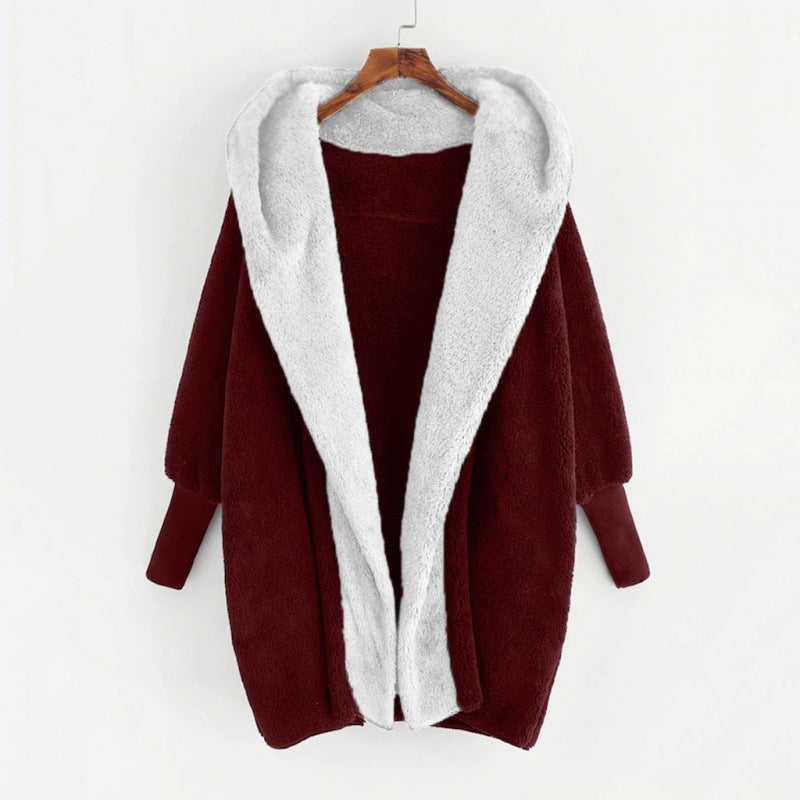 Damen Oversized Kunstfell-Kapuzenmantel mit kontrastierender Teddy-Innenseite und Rippbündchen Drune