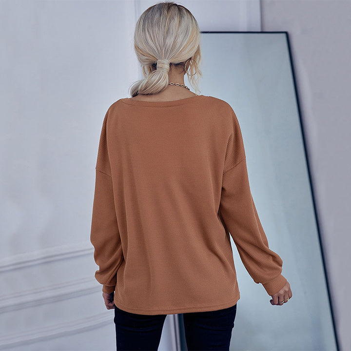 Damen Waffelstrick-Pullover mit Henley-Knopfleiste und überschnittener Schulter Drune