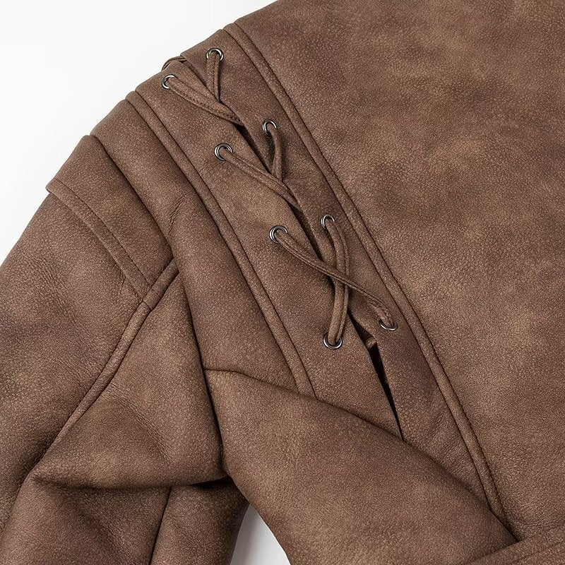 Damen nan kurze Bikerjacke in Lammfelloptik mit Schalkragen, Bindegürtel und Zierkordeln Drune