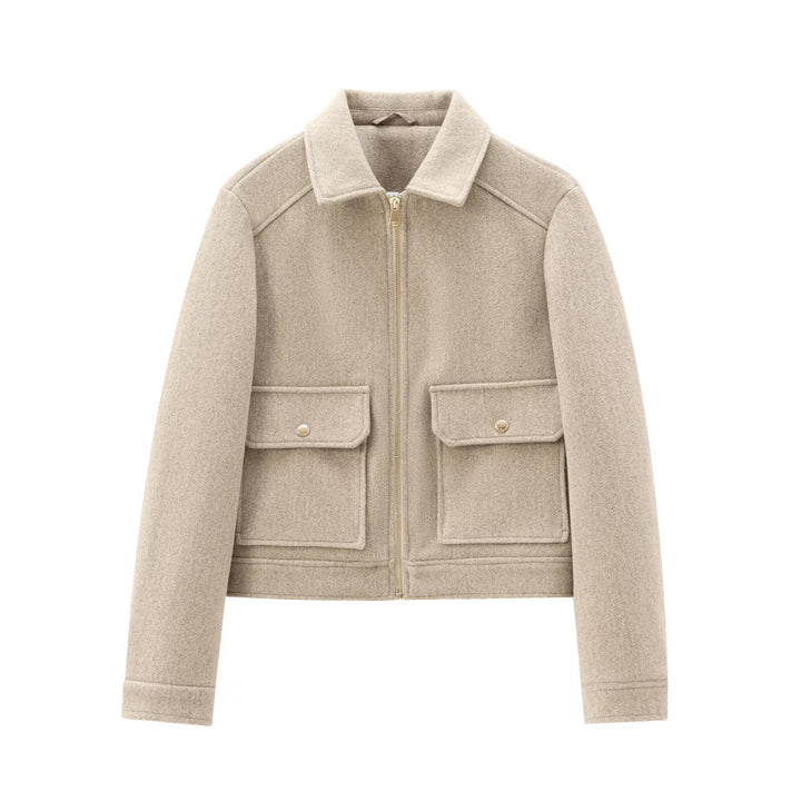Damen Kurze Wollimitat-Fieldjacke mit durchgehendem Reißverschluss und vier aufgesetzten Pattentaschen Drune