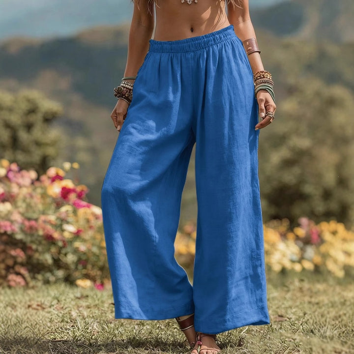 Damen Weite Leinenoptik Palazzo‑Hose mit elastischem Bund und Taschen Drune