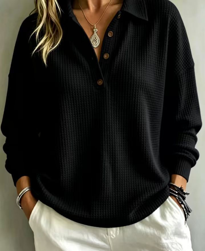 Damen Waffelstrick-Polo mit Oversize-Schnitt, Knopfleiste und Rollkragen-Optik Drune