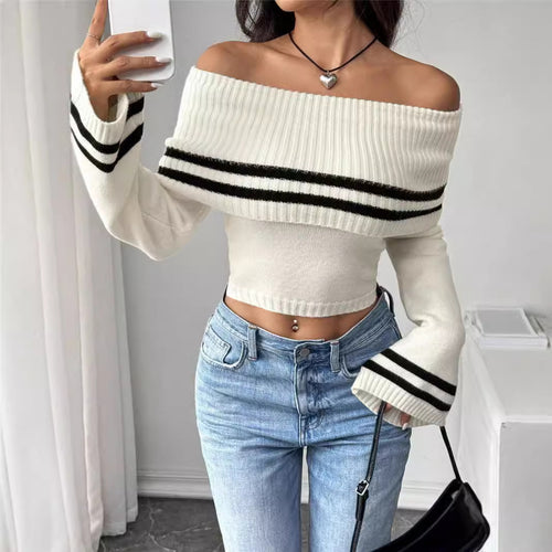 Damen Off-Shoulder Crop-Pullover mit lässigen Streifen Drune