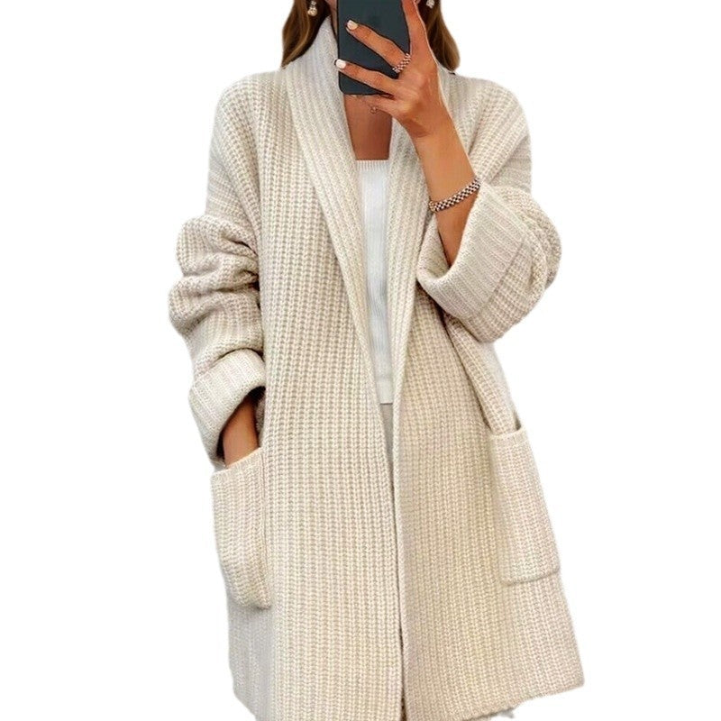 Damen nan langer übergroßer Strickmantel mit Schalkragen und aufgesetzten Taschen Drune