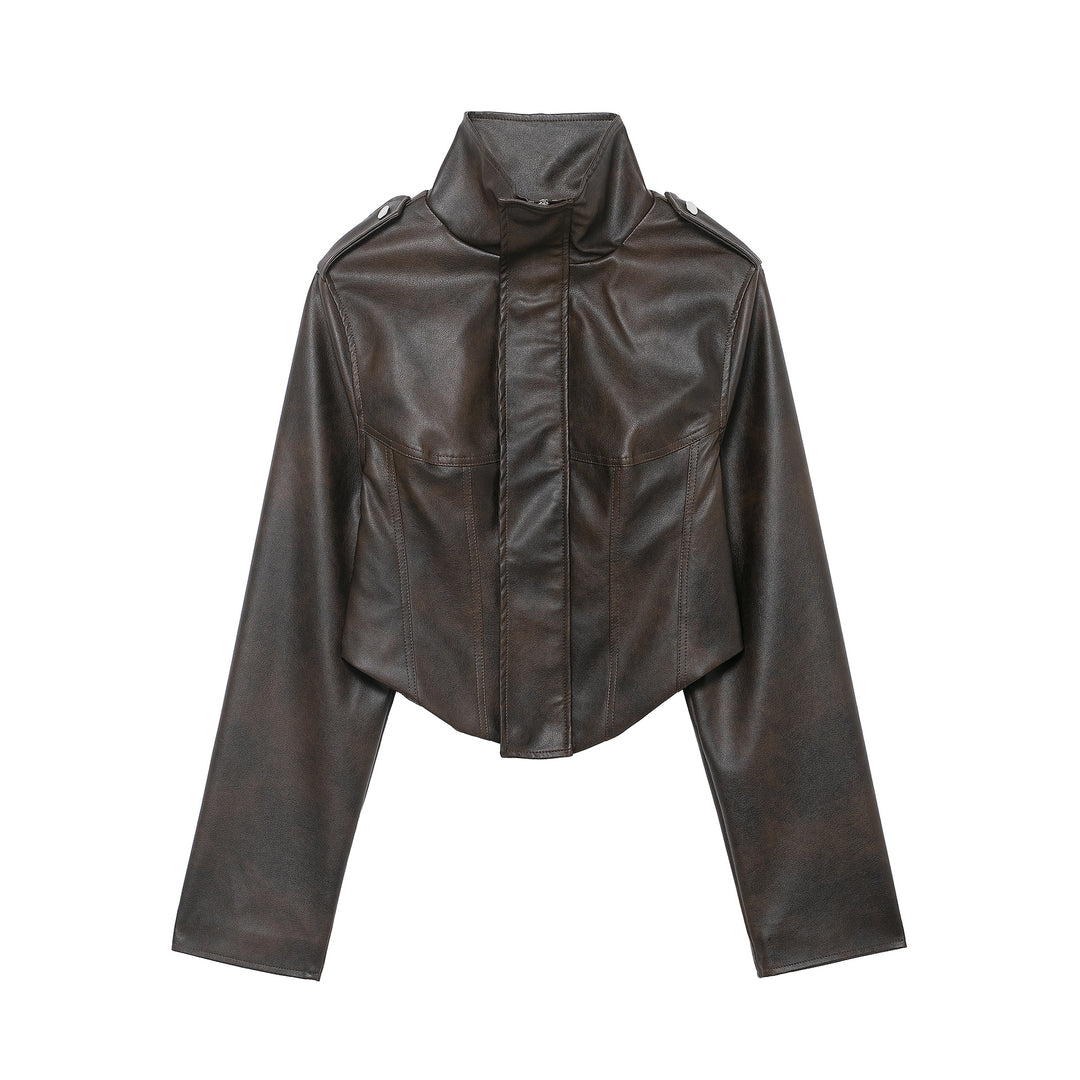 Damen Kurzjacke aus Lederimitat mit hohem Stehkragen, Schulterklappen und taillierter Silhouette Drune