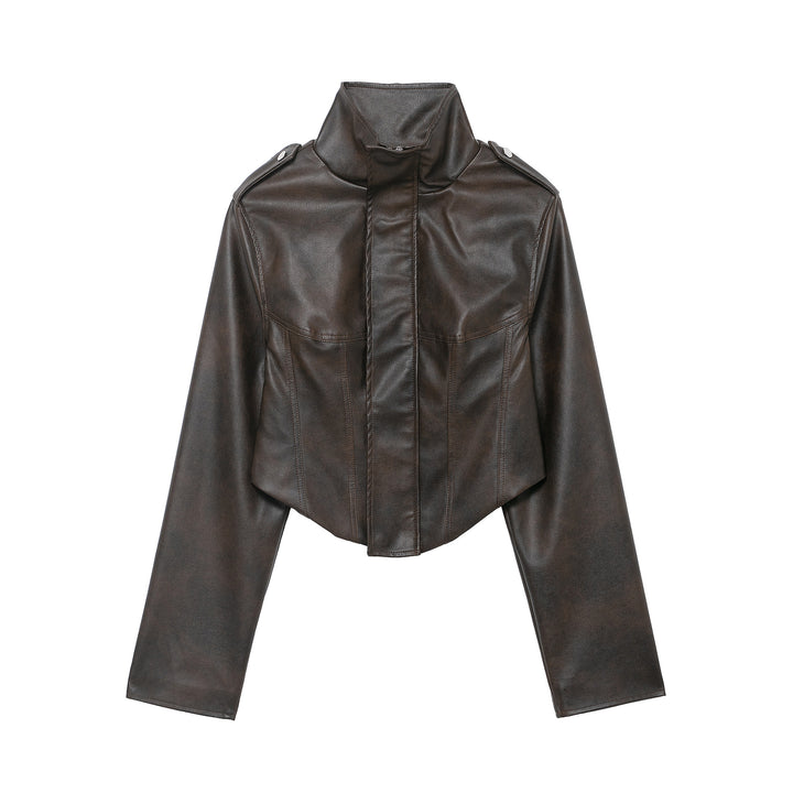 Damen Kurzjacke aus Lederimitat mit hohem Stehkragen, Schulterklappen und taillierter Silhouette Drune