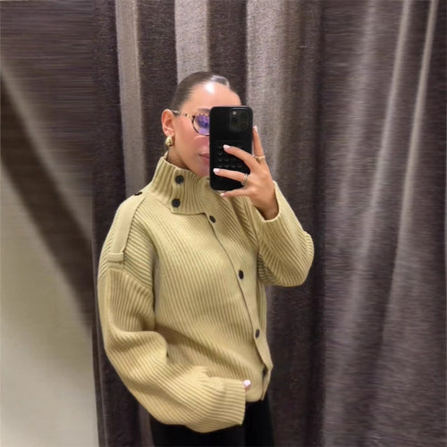 Damen Oversized Strickjacke mit hochschließendem Kragen Drune