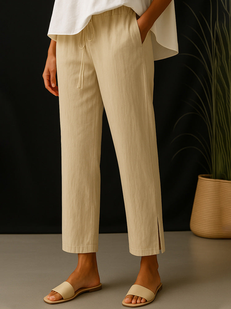 Damen Casual-Chino Leinenoptik Culotte mit elastischem Tunnelzugbund und Eingrifftaschen Drune