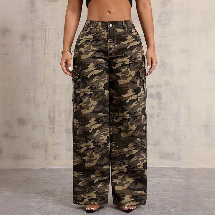 Damen Cargo-Hose im lässigen Camouflage-Design mit seitlichen Taschen und weitem Bein Drune