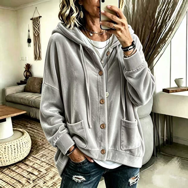 Damen Oversize Kapuzen-Samtjacke mit Knopfleiste und aufgesetzten Taschen Drune