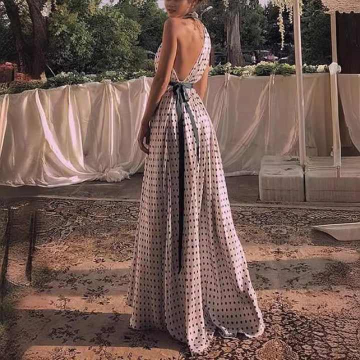 Damen elegantes Maxikleid mit tiefem Rückenausschnitt und Taillengürtel Drune