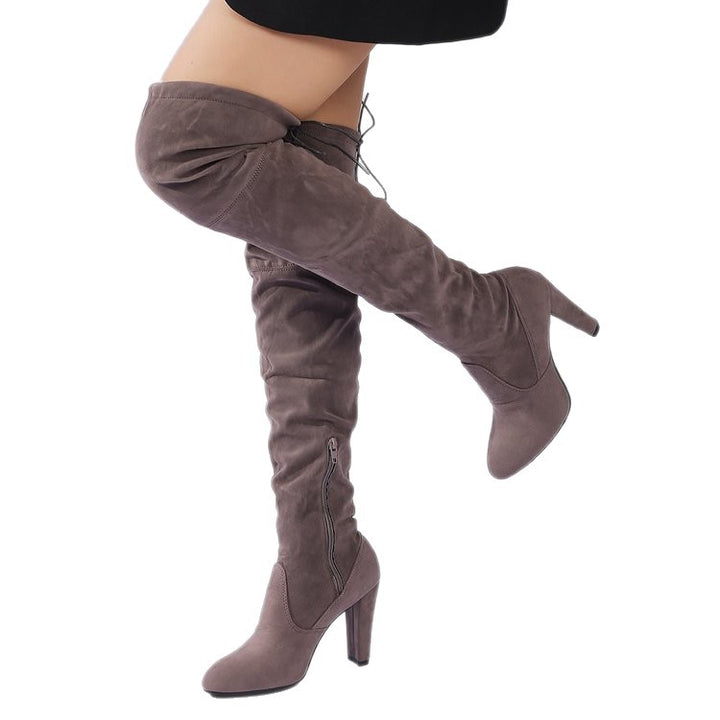 Damen Overknee-Stiefel aus Veloursleder mit hohem Blockabsatz und seitlichem Reißverschluss Drune