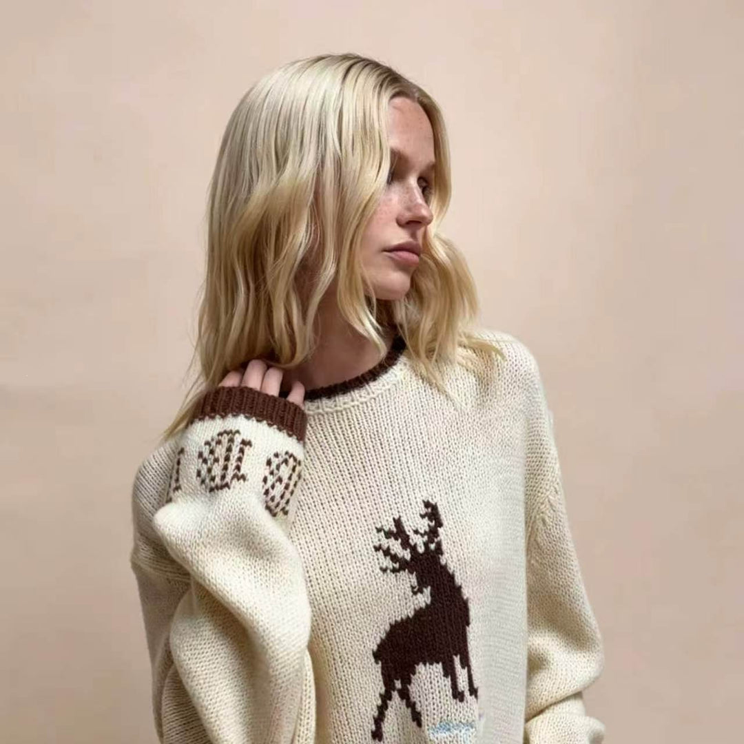 Damen Oversize Strickpullover mit Hirschintarsie, Rundhalsausschnitt und Norwegerbündchen Drune
