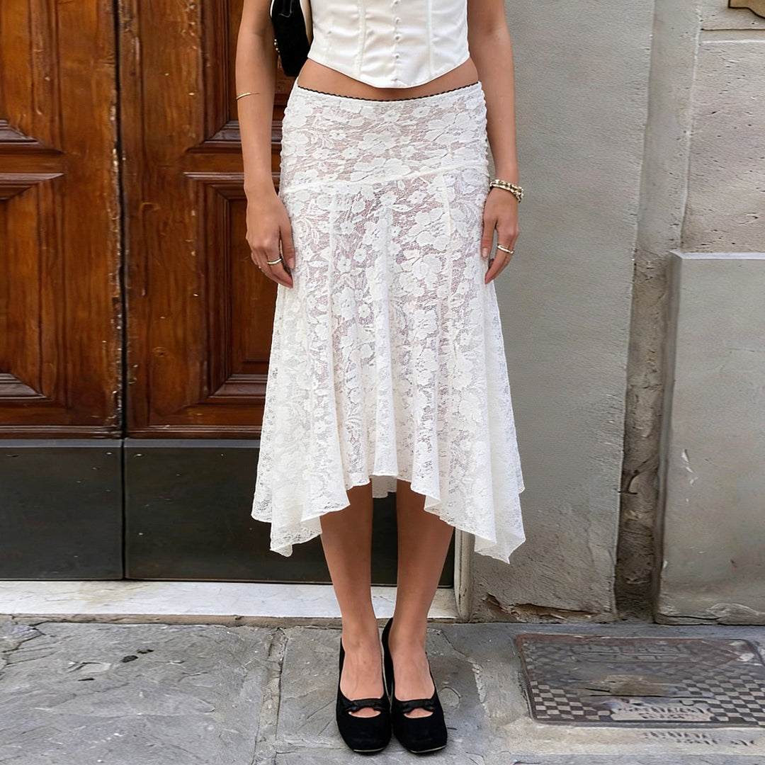 Damen eleganter Spitzenrock mit asymmetrischem Schnitt Drune