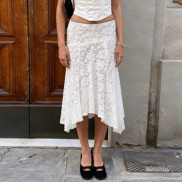 Damen eleganter Spitzenrock mit asymmetrischem Schnitt Drune