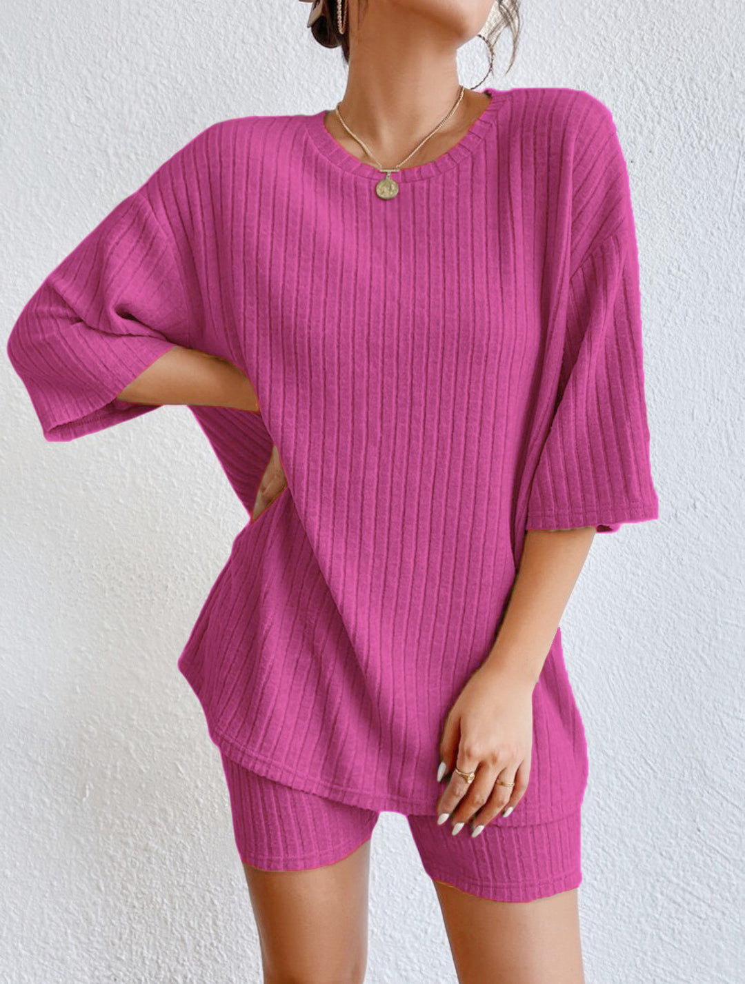 Damen komfortables Kurzarm Set mit Rippstrick und relaxed Schnitt Drune
