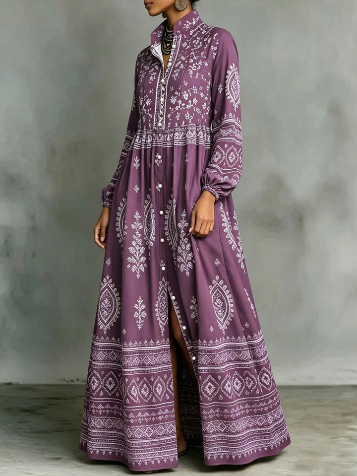 Damen Maxikleid im Boho‑Ethno‑Stil mit Stehkragen, durchgehender Knopfleiste und Eingrifftaschen Drune