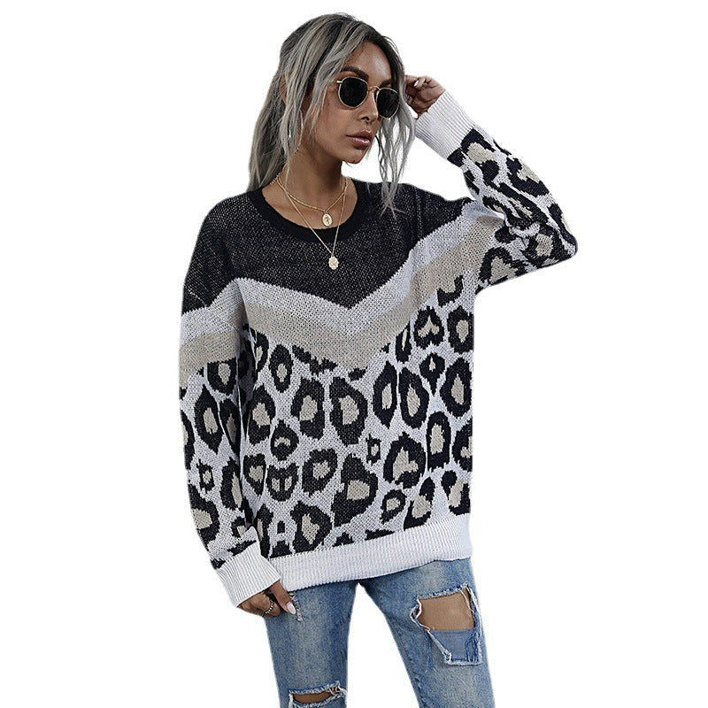 Damen Oversize-Feinstrickpullover mit Chevron-Detail und abstraktem Leoprint Drune