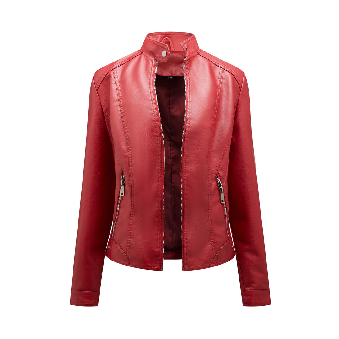 Damen modische Kunstlederjacke mit elegantem Stehkragen und praktischen Reißverschlusstaschen Drune