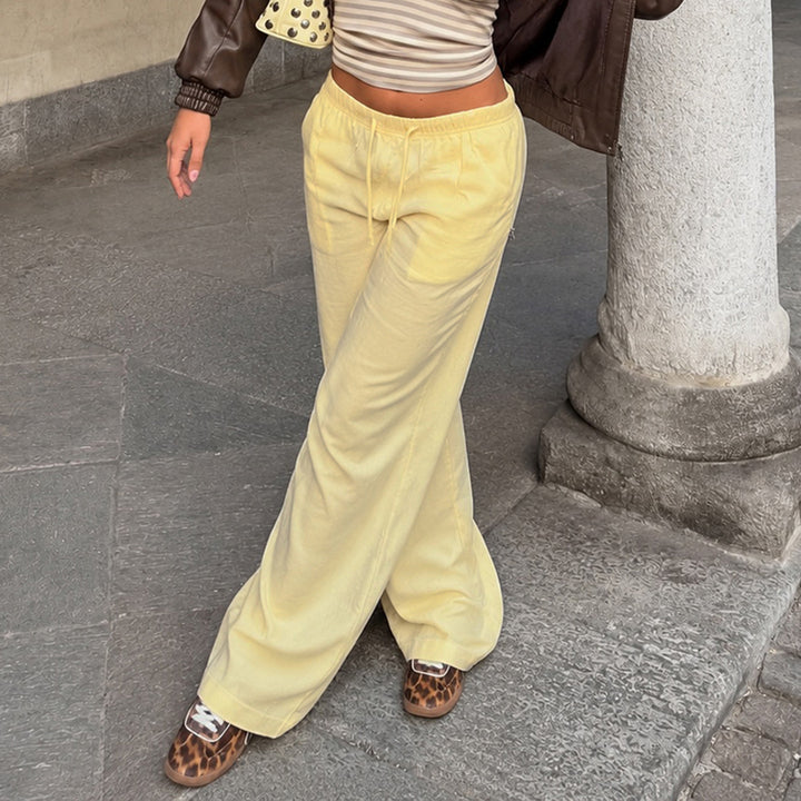 Damen Leinen-Loungehose mit weitem Bein, Tunnelzug und Seitentaschen Drune