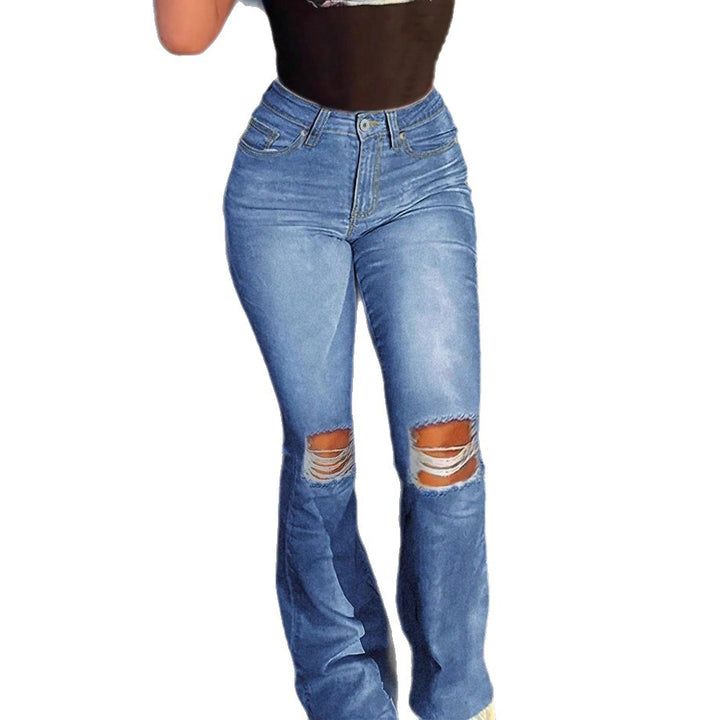 Damen Hochtaillierte Flared-Jeans im Retro-Schnitt mit Knie-Rip und verlängertem Saum Drune